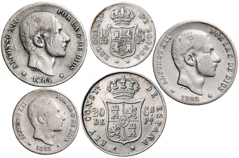 Manila. Lote de 5 monedas: 10 centavos 1881 y 1883 y 20 centavos: 1882, 1883 y 1...