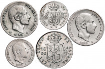 Manila. Lote de 5 monedas: 10 centavos 1881 y 1883 y 20 centavos: 1882, 1883 y 1884. BC/MBC-.