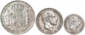 1885. Alfonso XII. Manila. 10, 20 y 50 centavos. Lote de 3 monedas. BC+/MBC+.