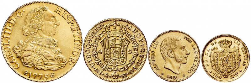 Lote de 4 reproducciones en oro de monedas españolas. A examinar. 56,38 g. (EBC)...