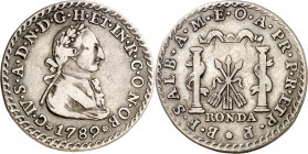1789. Carlos IV. Ronda. Medalla de Proclamación. Módulo 2 reales. (Ha. 89) (RAH. 383) (Ruiz Trapero 165) (V. 95) (V.Q. 13140). Escasa. Plata. 5,71 g. ...