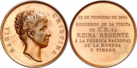 1894. Alfonso XIII. Visita de la Regente a la Fábrica Nacional de Moneda y Timbre. Medalla. (V. 565). Grabador: B. Maura. Bronce. 66,42 g. Ø50 mm. S/C...