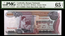 Camboya. s/d (1973). Banco Nacional. 100 riels. (Pick 15a). Certificado por la PMG como Gem Uncirculated 65 EPQ. S/C.
