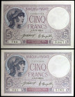 Francia. 1920 y 1921. Banco de Francia. 5 francos. (Pick 72b). 2 billetes con fechas distintas. Firmas: J. Laferrière y A. Aupetit. MBC/MBC+.