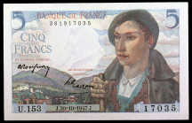Francia. 1947. Banco de Francia. 5 francos. (Pick 98b). 30 de octubre. Firmas: P. Rousseau y P. Gargam. S/C-.