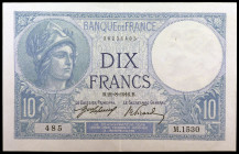 Francia. 1916. Banco de Francia. 10 francos. (Pick 73a). 21 de agosto. Firmas: J. Laferrière y E. Picard. Puntos de aguja. MBC+.