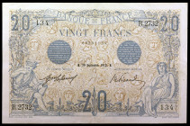 Francia. 1912. Banco de Francia. 20 francos. (Pick 68b). 30 de septiembre. Firmas: J. Laferrière y E. Picard. Escaso. MBC-.