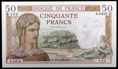 Francia. 1937. Banco de Francia. 50 francos. (Pick 85a). 30 de junio. Firmas: J. Boyer y R. Favre-Gilly. Raro así. EBC+.