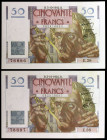 Francia. 1946. Banco de Francia. 50 francos. (Pick 127a). 3 de octubre, Leverrier. Pareja correlativa. Firmas: P. Rousseau y R. Favre-Gilly. Ondulacio...