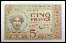 Madagascar. s/d (ca. 1937). Banco de Madagascar. 5 francos. (Pick 35). EBC-.