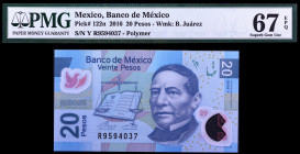 México. 2016. Banco de México. 20 pesos. (Pick 122n). 12 de julio, Benito Suarez. Certificado por la PMG como Superb Gem Unc 67 EPQ. S/C.