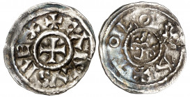 Francia. Carlos el Calvo (840-877). Tolosa. Dinero. (Depeyrot 1001). Monograma con la R y la L al revés. Grieta. Muy escasa. AG. 1,55 g. MBC+/MBC.