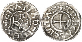 Francia. Carlos el Calvo (840-877). Troyes (Aube). Dinero. (Depeyrot 1084). Golpe que atraviesa el cospel. Muy escasa. AG. 1,74 g. (MBC).