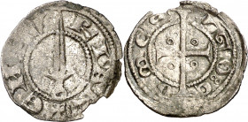 Comtat d'Empúries. Hug V (1269-1277). Empúries. Diner. (Cru.V.S. 103 var) (Cru.C.G. 1916 var). Cospel ligeramente faltado. Muy rara. 0,62 g. MBC.