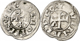 Comtat del Rosselló. Gerard I (1102-1115). Perpinyà. Diner. (Cru.V.S. 111 var) (Cru.C.G. 1897a var). Rarísima. 1 g. MBC.