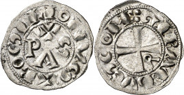Comtat del Rosselló. Gerard II (1164-1172). Perpinyà. Diner. (Cru.V.S. 115) (Cru.C.G. 1901). Muy atractiva. Muy rara y más así. 0,76 g. EBC-.