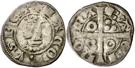 Jaume II (1291-1327). Barcelona. Diner. (Cru.V.S. 348) (Cru.C.G. 2162). A y U latinas. La primera A del reverso con travesaño. 0,95 g. MBC.