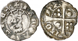 Jaume II (1291-1327). Barcelona. Òbol. (Cru.V.S. 349.1) (Cru.C.G. 2167a). A y U latinas. Cospel faltado. Grieta. 0,35 g. MBC-.