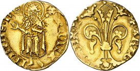 Pere III (1336-1387). Perpinyà. Florí. (Cru.V.S. 384) (Cru.Comas 16) (Cru.C.G. 2206). Marca: rosa de anillos. Ligera doble acuñación. Muy atractiva. 3...