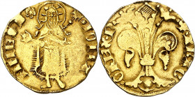 Pere III (1336-1387). Perpinyà. Florí. (Cru.V.S. 384 var) (Cru.Comas 16 var) (Cru.C.G. 2206 var). Marca: rosa de anillos. Precioso color. Ex Colección...