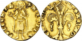 Pere III (1336-1387). Perpinyà. Florí. (Cru.V.S. 386) (Cru.Comas 15) (Cru.C.G. 2205). Marca: yelmo. Atractiva. 3,42 g. MBC+.
