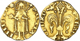 Pere III (1336-1387). Barcelona. Florí. (Cru.V.S. 389) (Cru.Comas 22) (Cru.C.G. 2210). Marca: rosa de puntos grandes. 3,37 g. MBC.