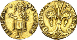 Pere III (1336-1387). Barcelona. Florí. (Cru.V.S. 389 var) (Cru.Comas 22 var) (Cru.C.G. 2210 var). Marca: rosa de puntos pequeños. Atractiva. Escasa a...