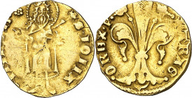 Pere III (1336-1387). Barcelona. Mig florí. (Cru.V.S. 390) (Cru.Comas 23) (Cru.C.G. 2215). Marca: rosa de puntos. 1,71 g. MBC-/MBC.