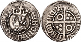 Ferran II (1479-1516). Barcelona. Mig croat. (Cru.V.S. 1143.1 var) (Cru.C.G. 3076b). Glóbulos grandes y cuatro puntitos encima de la corona. Reverso a...
