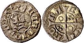 Ferran II (1479-1516). Barcelona. Diner. (Cru.V.S. 1163 var) (Cru.C.G. 3085b). Ex Áureo 16/12/1993, nº 3167. 0,58 g. MBC+.