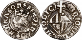 Ferran II (1479-1516). Mallorca. Mig ral. (Cru.V.S. 1181 var) (AC. 46, mismo ejemplar) (Cru.C.G. 3098 var). Leyendas con A latinas y góticas combinada...