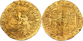 Ferran II (1479-1516). València. Ducat. (Cru.V.S. 1196 var) (Cru.C.G. 3113b var). Corona entre los bustos, S/C en exergo. Acuñada sobre otra moneda. D...