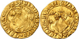 Ferran II (1479-1516). València. Ducat. (Cru.V.S. 1211 var) (Cru.C.G. 3120f). La segunda N de FERDNANDVS acuñada sobre una D. Rara. 3,41 g. MBC+.