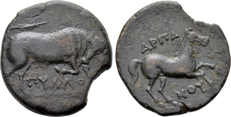APULIA. Arpi. Ae (Circa 275-250 BC). Poullos, magistrate. 

Obv: ΠΥΛΛΟ. 
Bull...