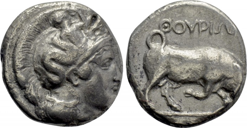 LUCANIA. Thourioi. Nomos (Circa 400-350 BC). 

Obv: Helmeted head of Athena ri...