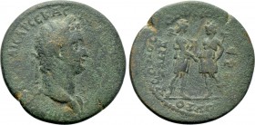 IONIA. Ephesus. Domitian (81-96). Ae. Homonoia issue with Smyrna. P. Calvisius Ruso, proconsul.