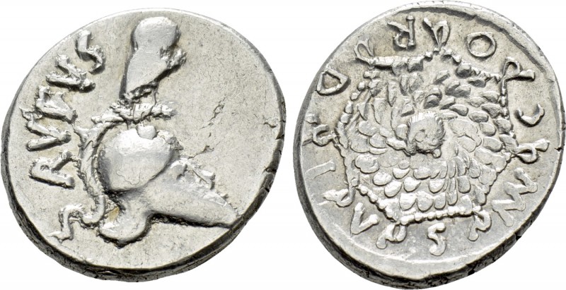 MN. CORDIUS RUFUS. Denarius (46 BC). Rome. 

Obv: RVFVS. 
Crested helmet righ...