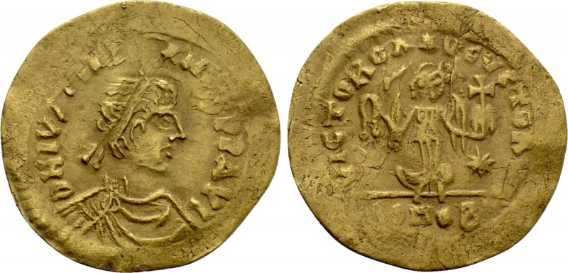 JUSTINIAN I (527-565). GOLD Tremissis. Constantinople. Possible contemporary imi...
