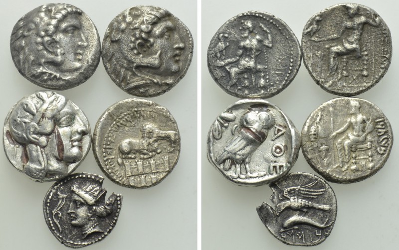 5 Greek Coins. 

Obv: .
Rev: .

.

Athens = Fouree 

Condition: See pic...