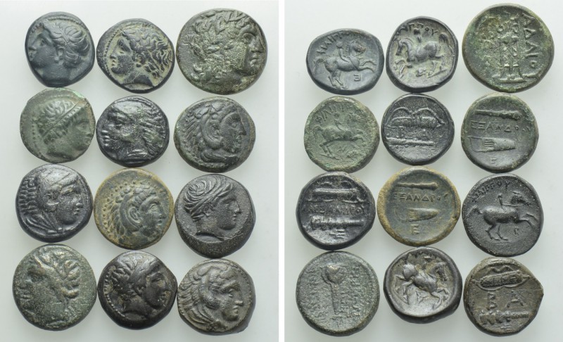 12 Greek Coins; Mostly Macedonian Kings. 

Obv: .
Rev: .

. 

Condition: ...