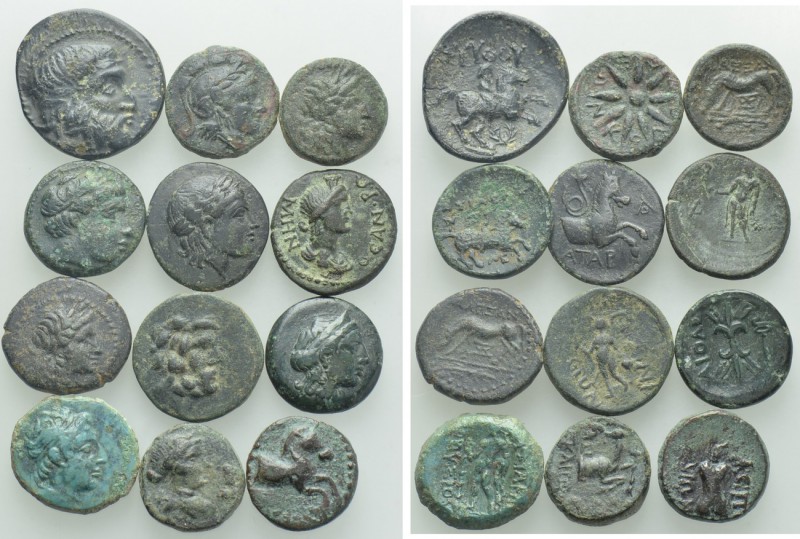 12 Greek Coins; Mostly Macedonian Kings. 

Obv: .
Rev: .

. 

Condition: ...