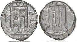 BRUTTIUM. Croton. Ca. 480-430 BC. AR stater (21mm, 8.19 gm, 1h). NGC Choice XF 3/5 - 4/5, overstruck. ϘPO (retrograde), tripod with leonine feet, hero...