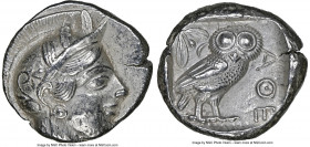 ATTICA. Athens. Ca. 440-404 BC. AR tetradrachm (25mm, 17.15 gm, 7h). NGC AU 4/5 - 3/5. Mid-mass coinage issue. Head of Athena right, wearing earring, ...