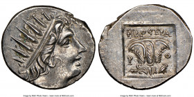 CARIAN ISLANDS. Rhodes. Ca. 88-84 BC. AR drachm (16mm, 11h). NGC Choice AU. Plinthophoric standard, Philostratus, magistrate. Radiate head of Helios r...