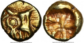 LYDIAN KINGDOM. Alyattes or Croesus (ca. 610-546 BC). EL 1/48 stater (5mm, 0.32 gm). NGC XF 3/5 - 5/5. Lydo-Milesian standard. Sardes mint. Head of bo...