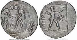 PAMPHYLIA. Aspendus. Ca. 380-325 BC. AR stater (24mm, 11h). NGC Choice Fine, brushed. Two wrestlers grappling; FN (N retrograde) between, MENETYΣ EΛYΦ...