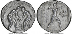 PAMPHYLIA. Aspendus. Ca. 380-325 BC. AR stater (22mm, 12h). NGC Choice Fine, brushed. Two wrestlers grappling; ΑΦ between / EΣTFEΔIIYΣ, slinger stridi...