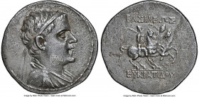 BACTRIAN KINGDOM. Eucratides I the Great (ca. 170-145 BC). AR tetradrachm (33mm, 16.72 gm, 12h). NGC Choice XF 5/5 - 2/5. Attic standard. Baktra. Diad...