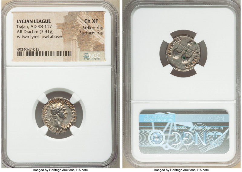 LYCIAN LEAGUE. Trajan (AD 98-117). AR drachm. (19mm, 3.31 gm, 7h). NGC Choice XF...