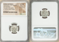 Anonymous. Ca. 211-208 BC. AR victoriatus (17mm, 7h). NGC Choice MS 4/5 - 5/5. Apulia, Q series. Laureate head of Jupiter right / Victory standing rig...